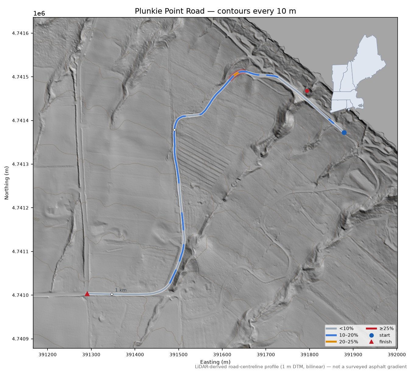 Plunkie Point Road LiDAR hillshade map with contours