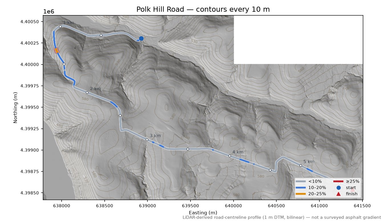 Polk Hill Road LiDAR hillshade map with contours