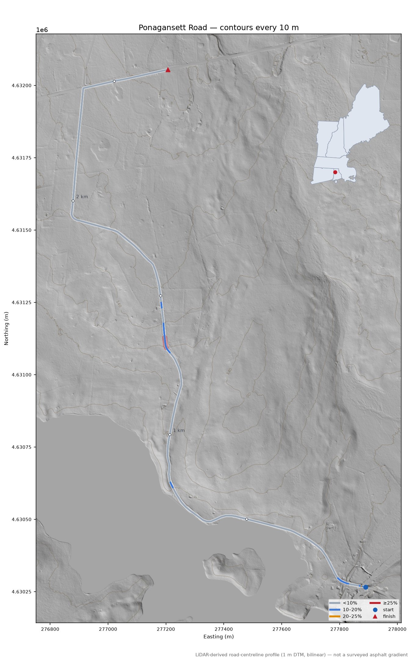 Ponagansett Road LiDAR hillshade map with contours