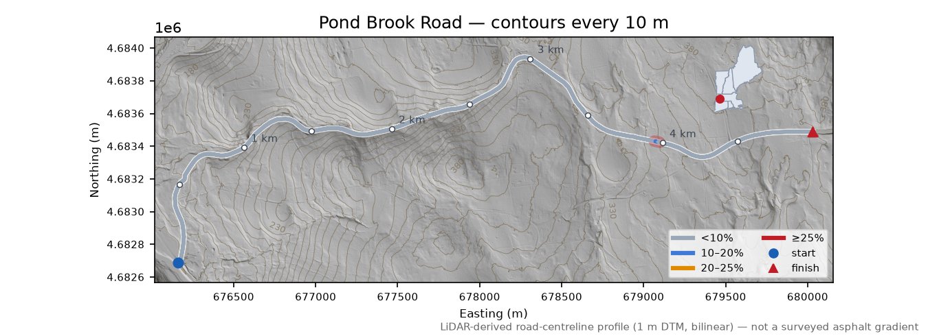 Pond Brook Road LiDAR hillshade map with contours