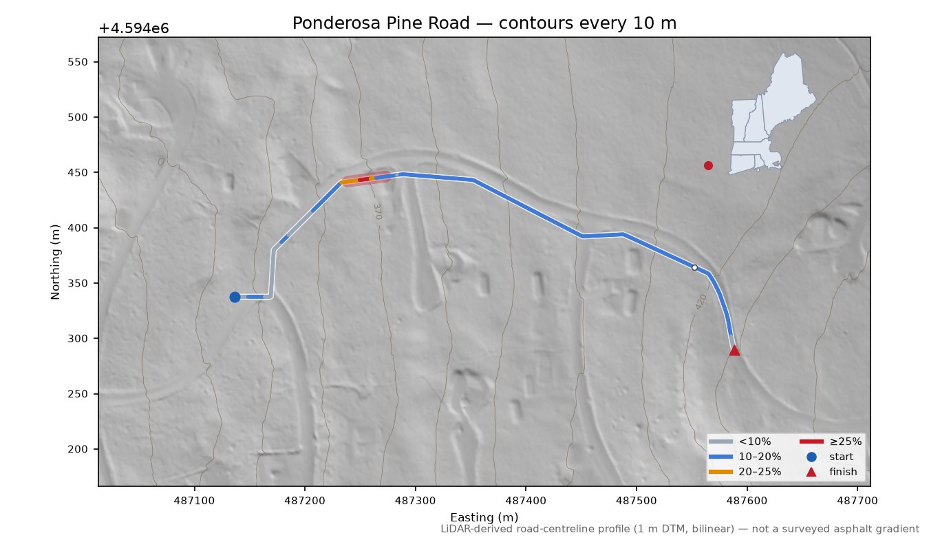 Ponderosa Pine Road LiDAR hillshade map with contours