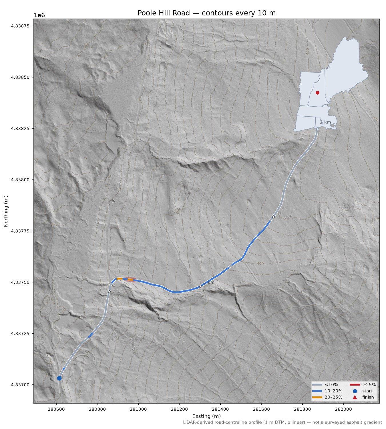 Poole Hill Road LiDAR hillshade map with contours