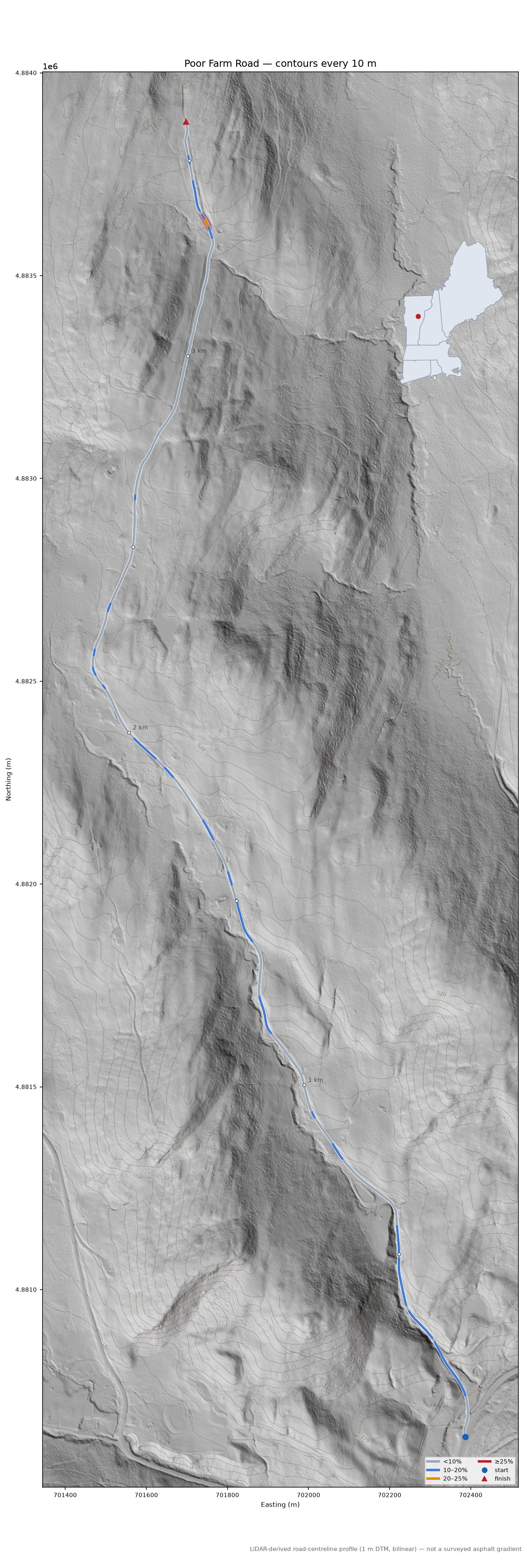 Poor Farm Road LiDAR hillshade map with contours
