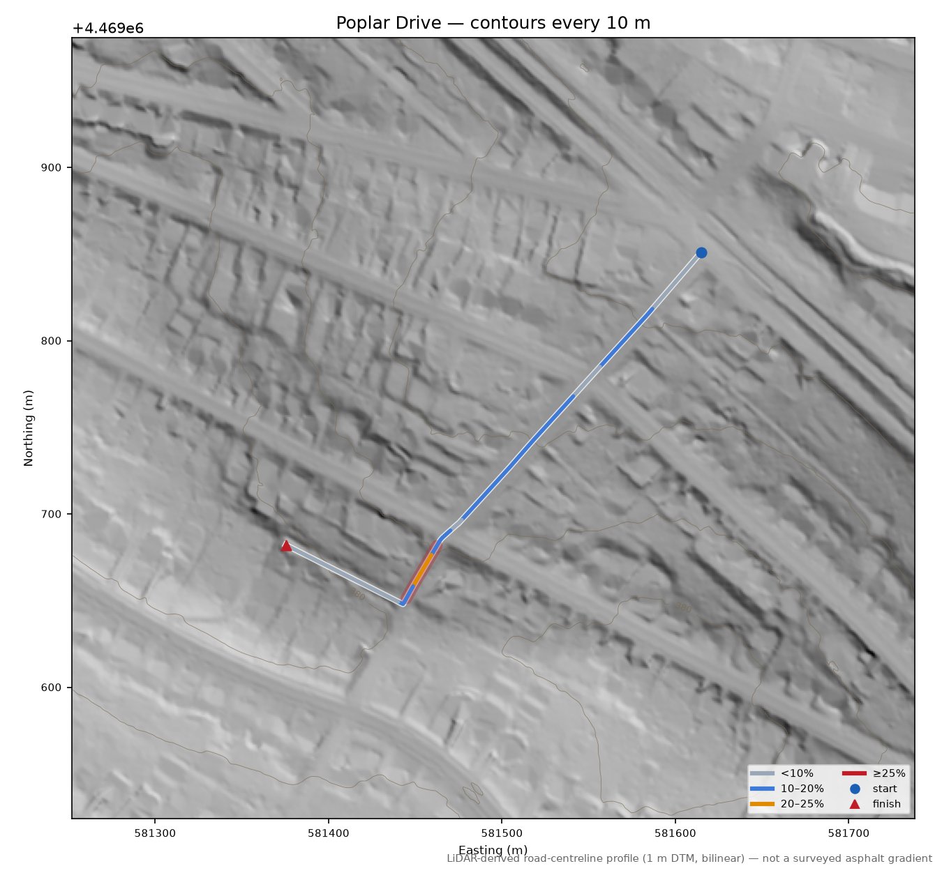 Poplar Drive LiDAR hillshade map with contours