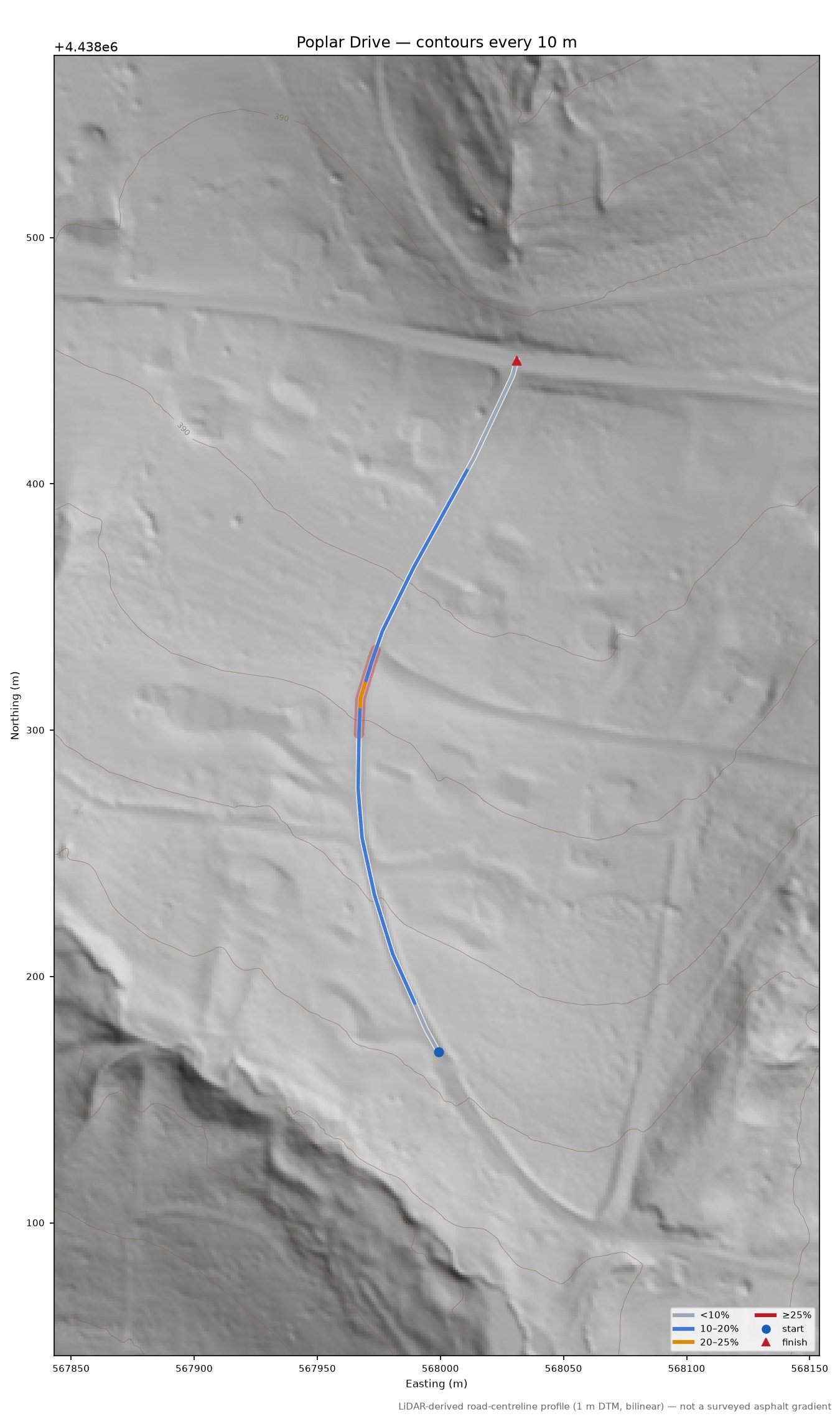 Poplar Drive LiDAR hillshade map with contours