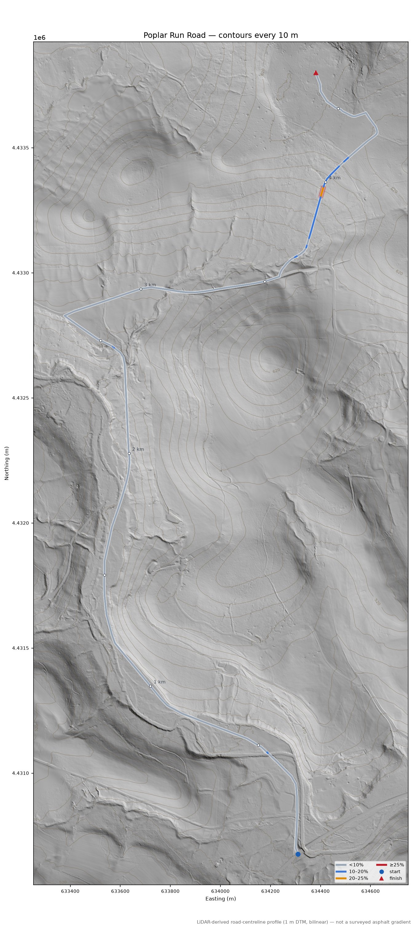 Poplar Run Road LiDAR hillshade map with contours