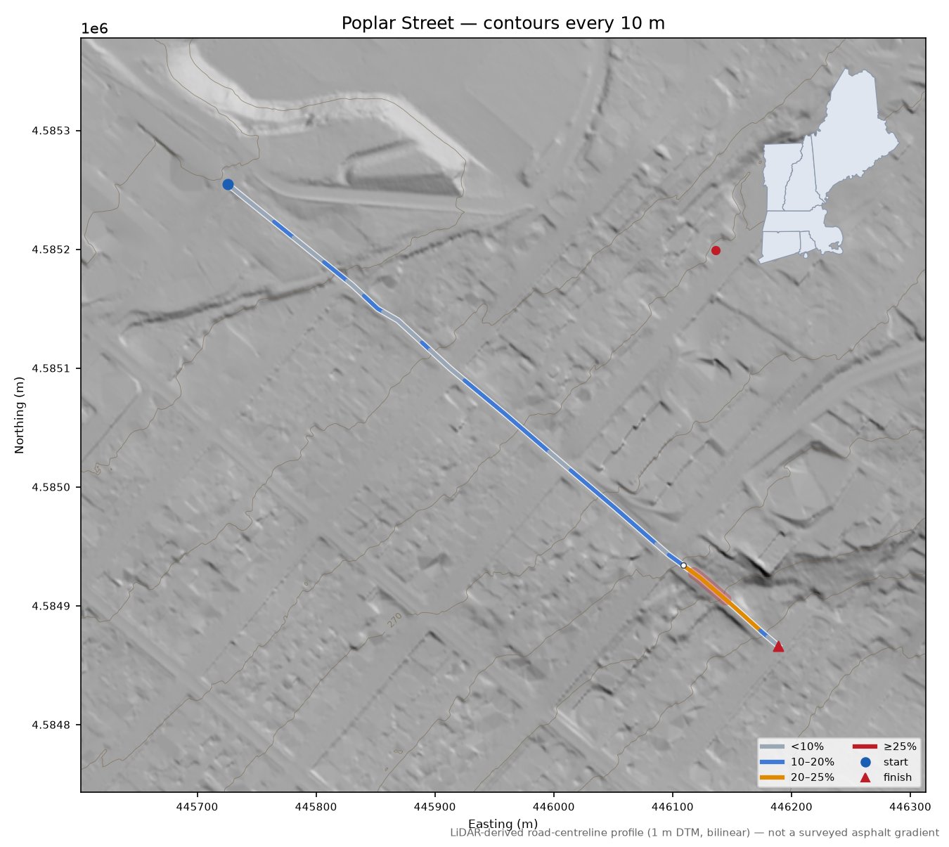 Poplar Street LiDAR hillshade map with contours