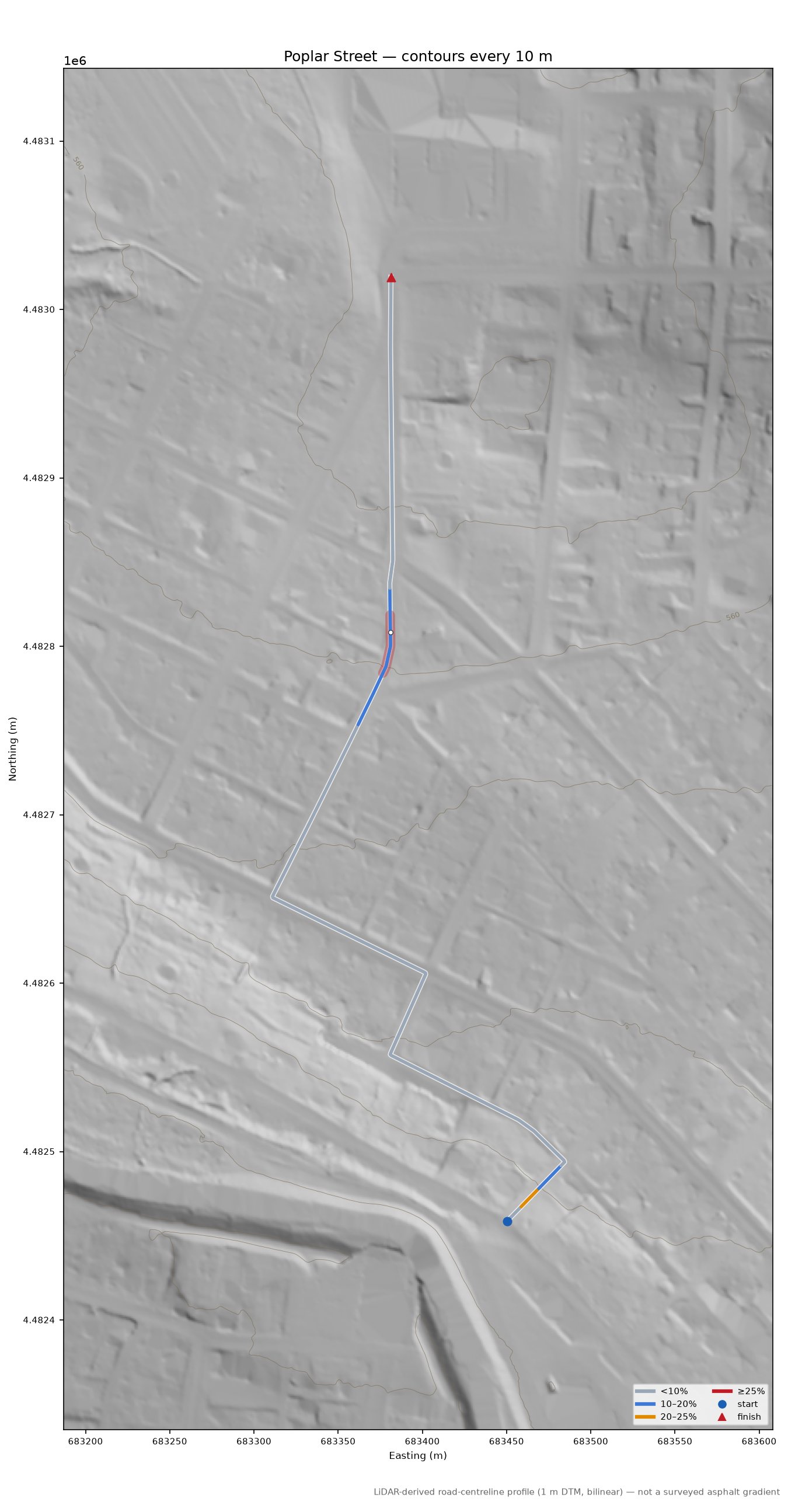 Poplar Street LiDAR hillshade map with contours