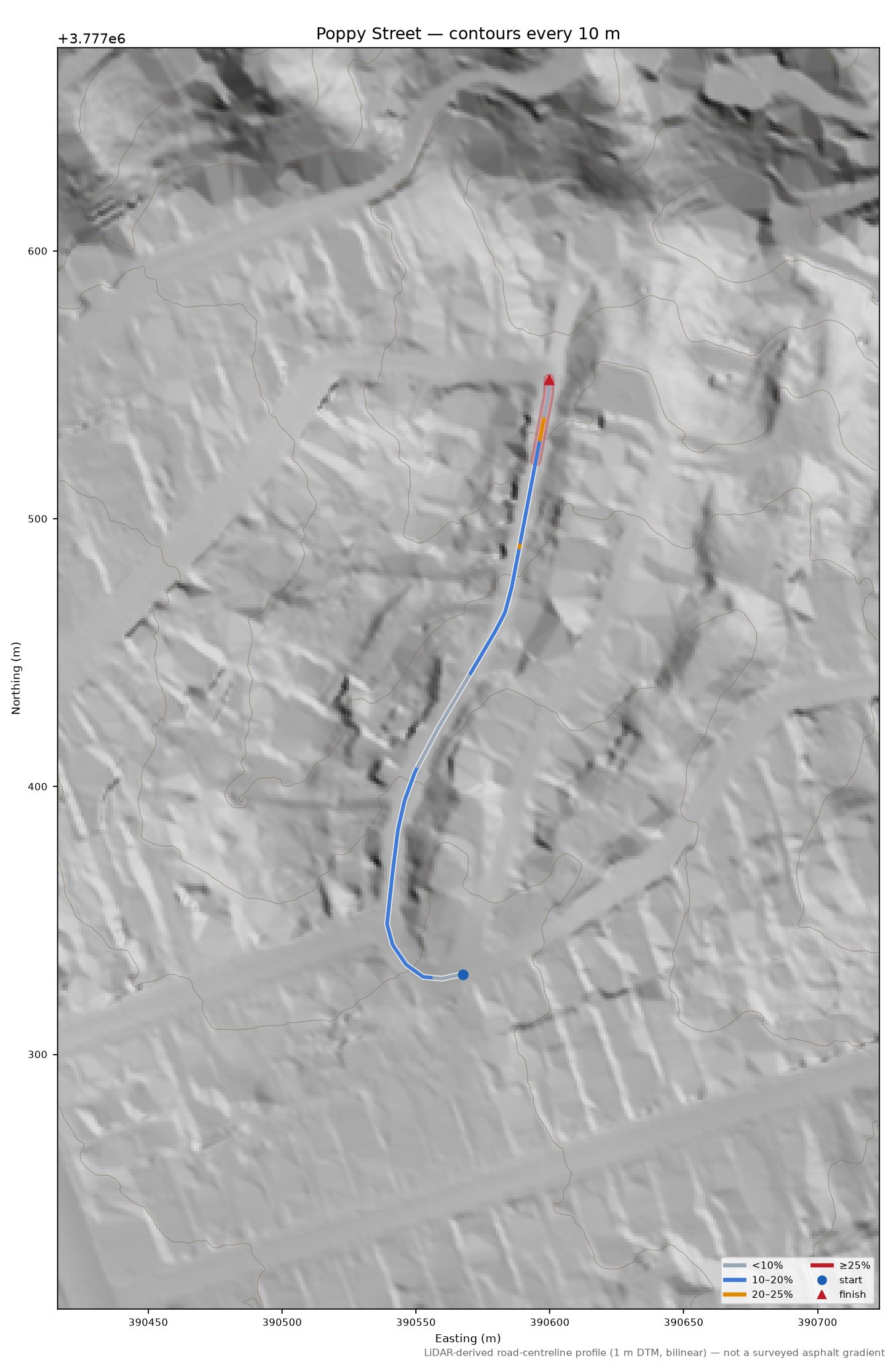 Poppy Street LiDAR hillshade map with contours