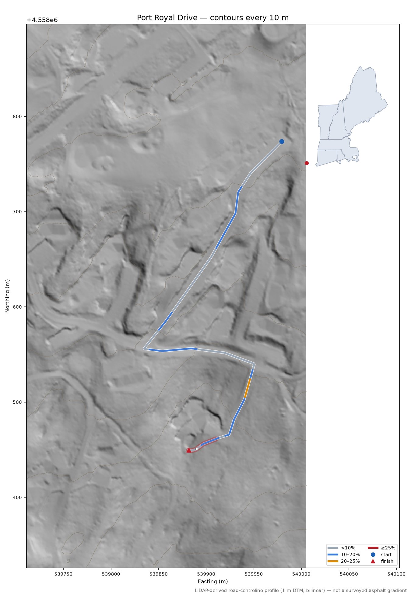 Port Royal Drive LiDAR hillshade map with contours