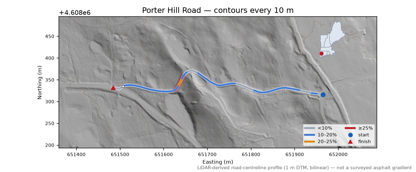 Porter Hill Road LiDAR hillshade map with contours