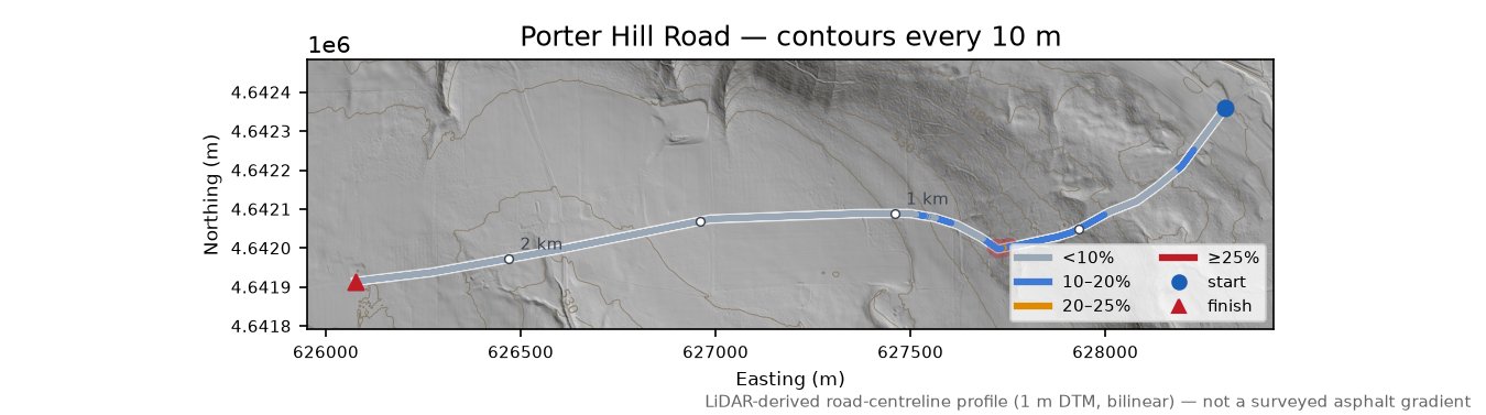 Porter Hill Road LiDAR hillshade map with contours