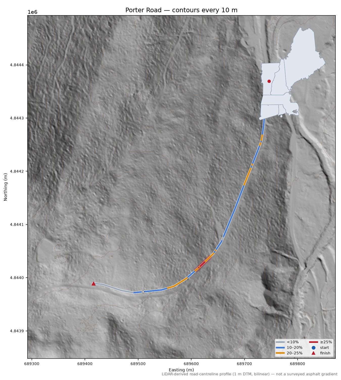 Porter Road LiDAR hillshade map with contours