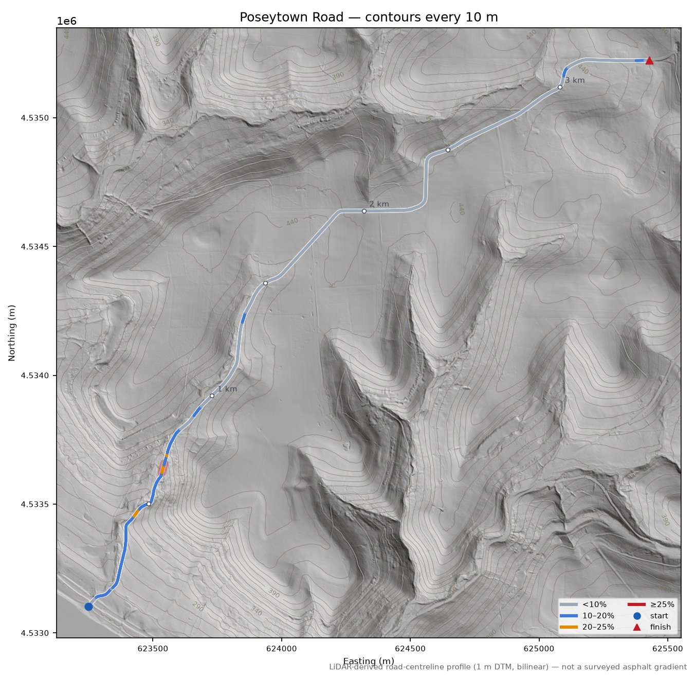 Poseytown Road LiDAR hillshade map with contours
