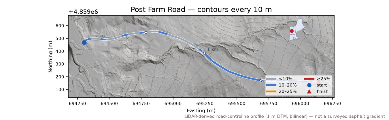 Post Farm Road LiDAR hillshade map with contours