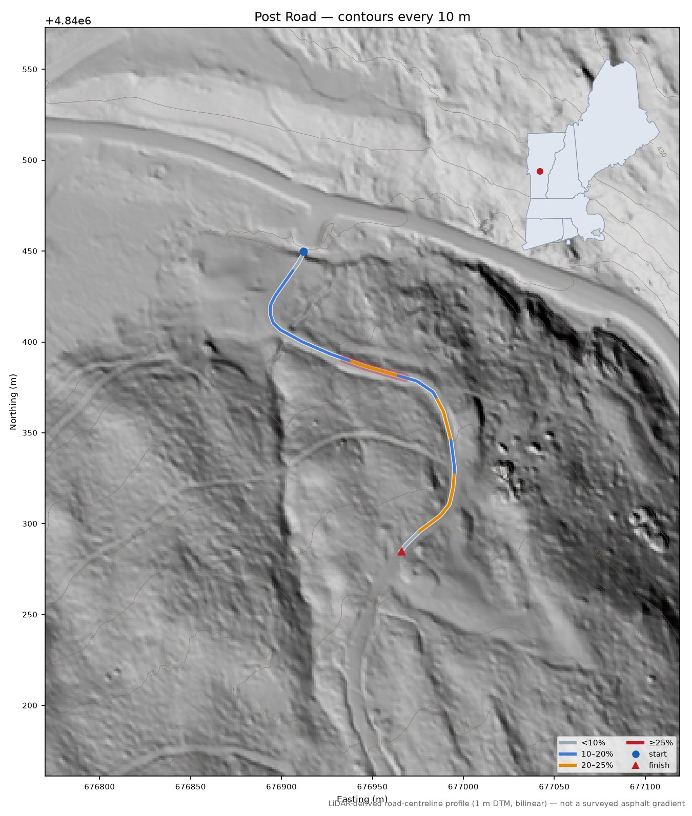 Post Road LiDAR hillshade map with contours