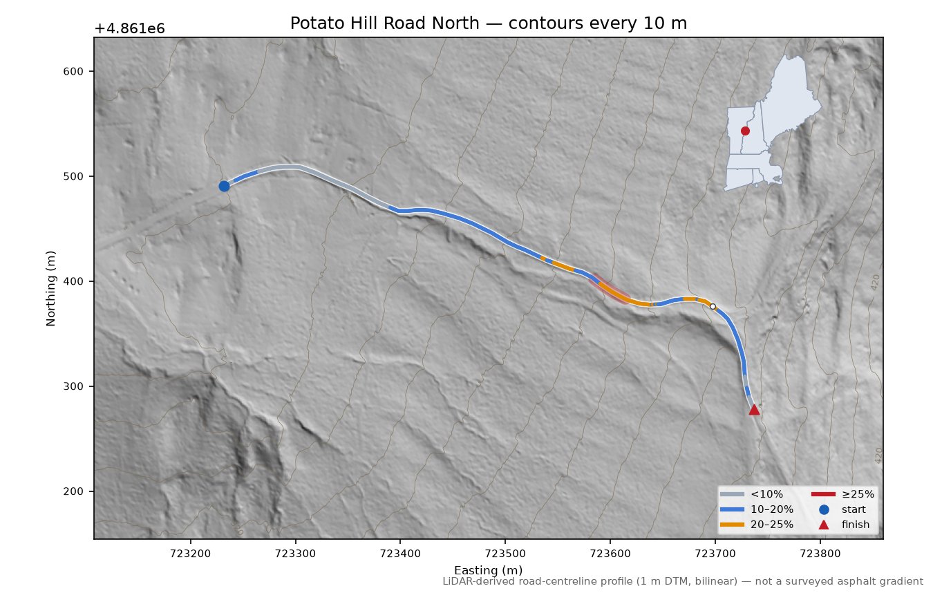 Potato Hill Road North LiDAR hillshade map with contours