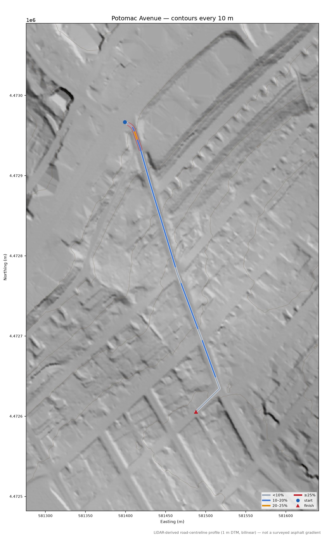 Potomac Avenue LiDAR hillshade map with contours