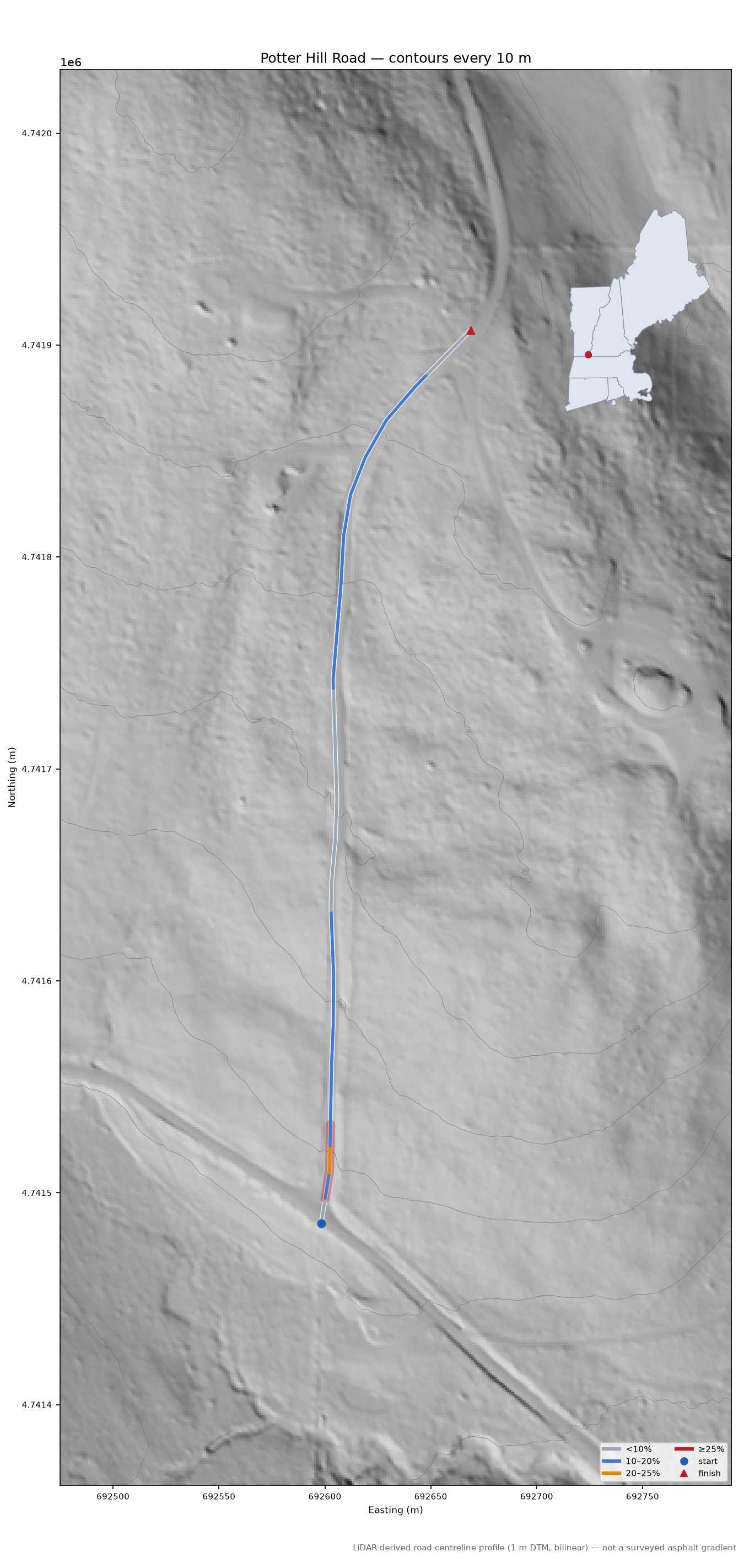 Potter Hill Road LiDAR hillshade map with contours