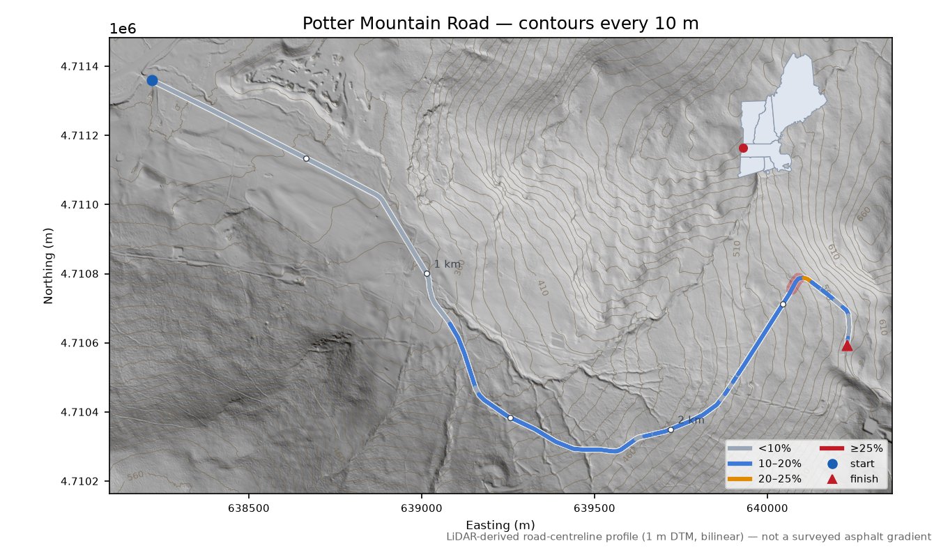 Potter Mountain Road LiDAR hillshade map with contours