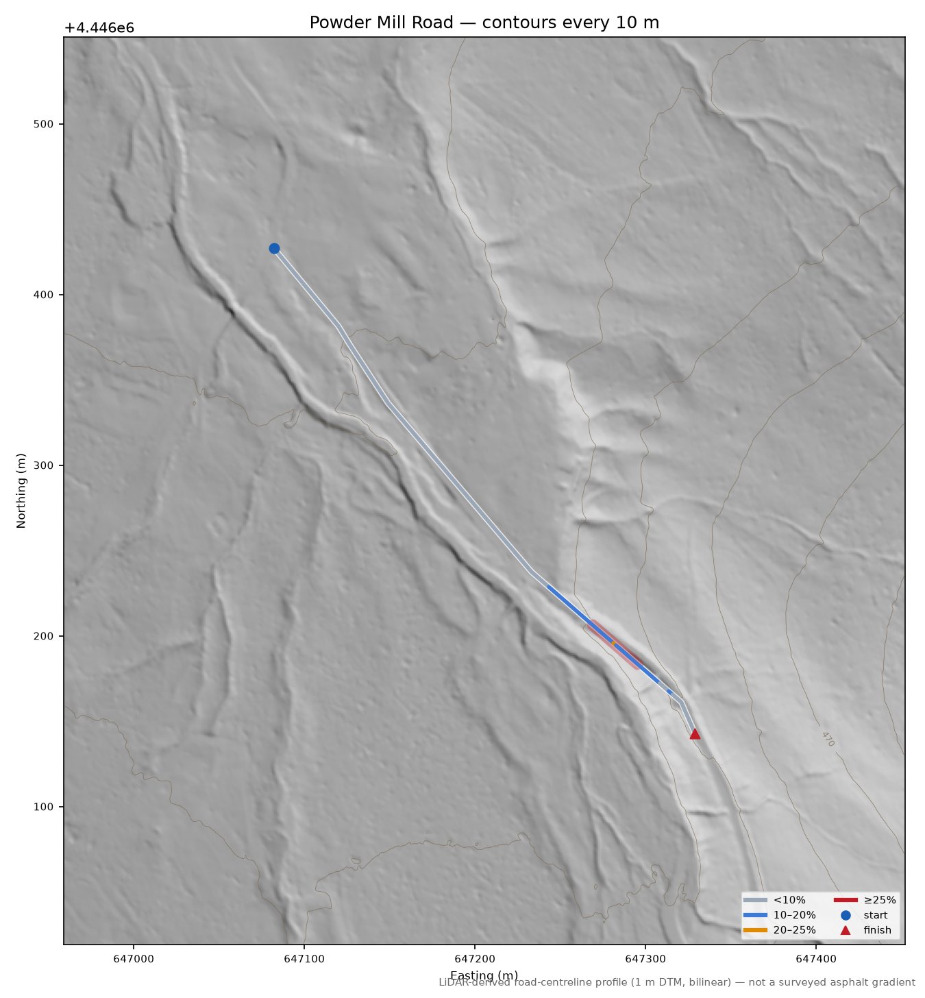Powder Mill Road LiDAR hillshade map with contours
