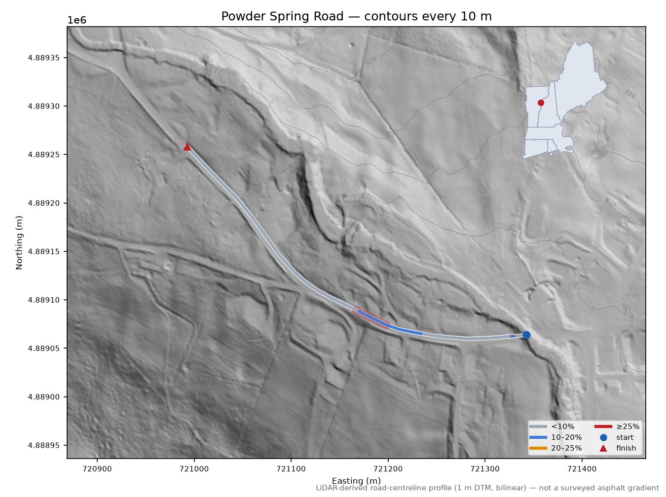 Powder Spring Road LiDAR hillshade map with contours