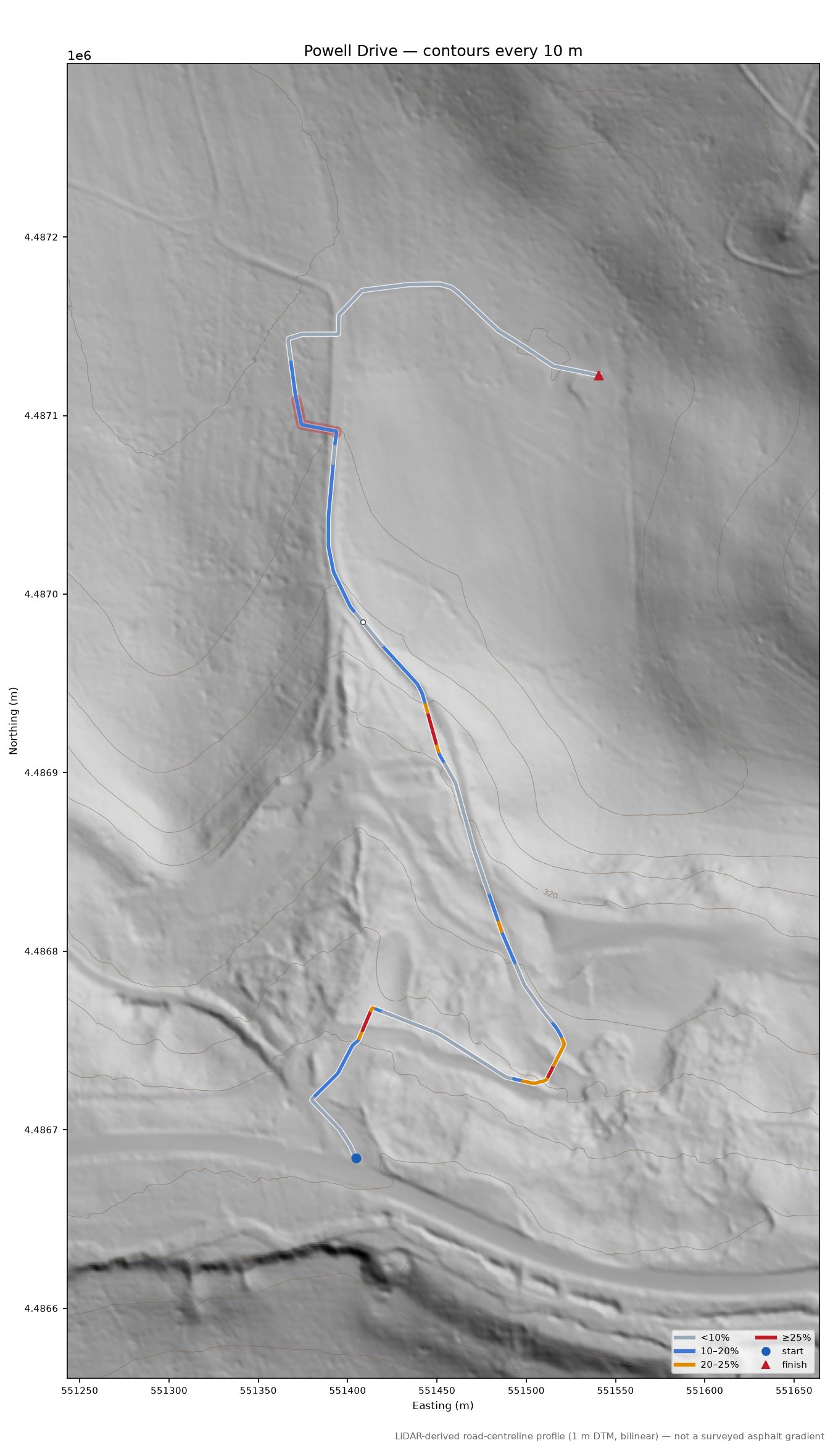 Powell Drive LiDAR hillshade map with contours