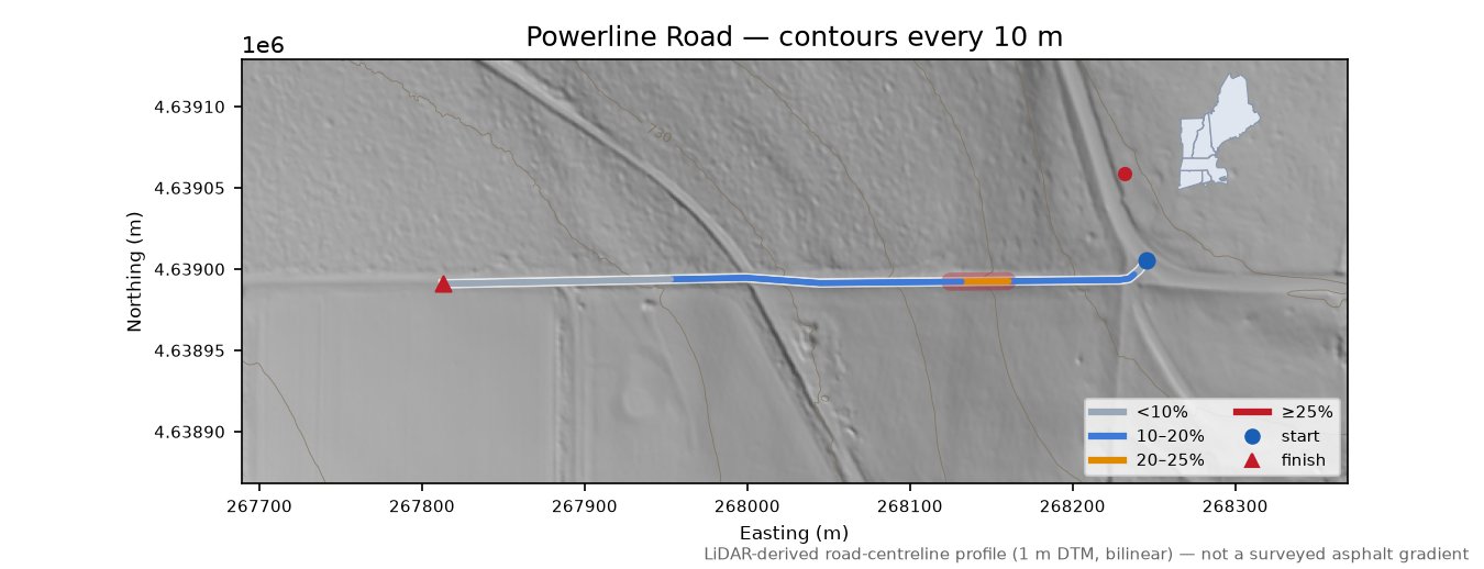 Powerline Road LiDAR hillshade map with contours