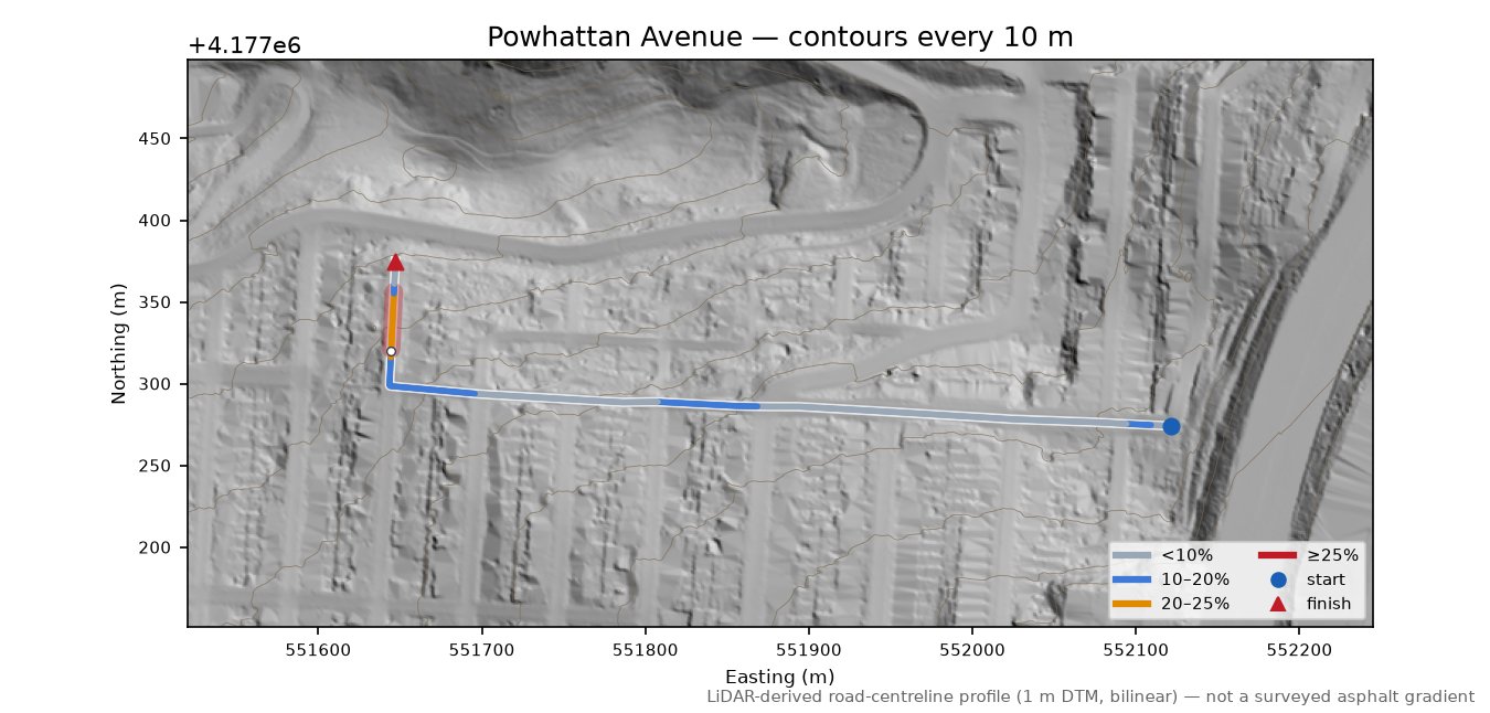 Powhattan Avenue LiDAR hillshade map with contours
