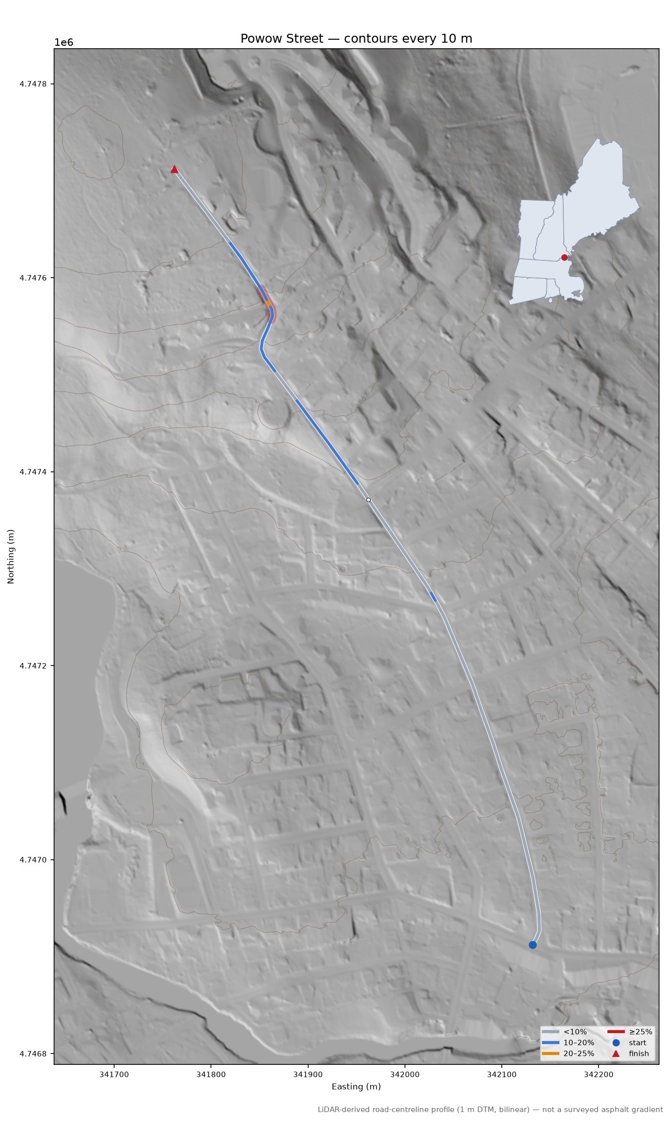 Powow Street LiDAR hillshade map with contours