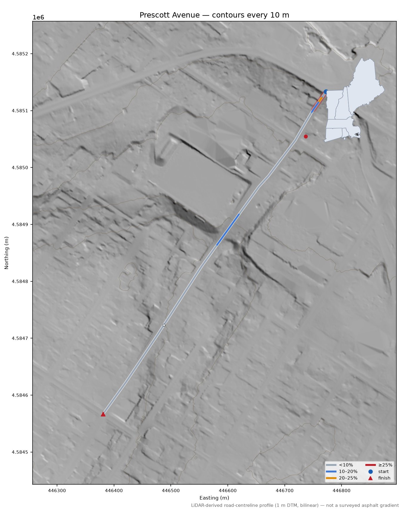 Prescott Avenue LiDAR hillshade map with contours