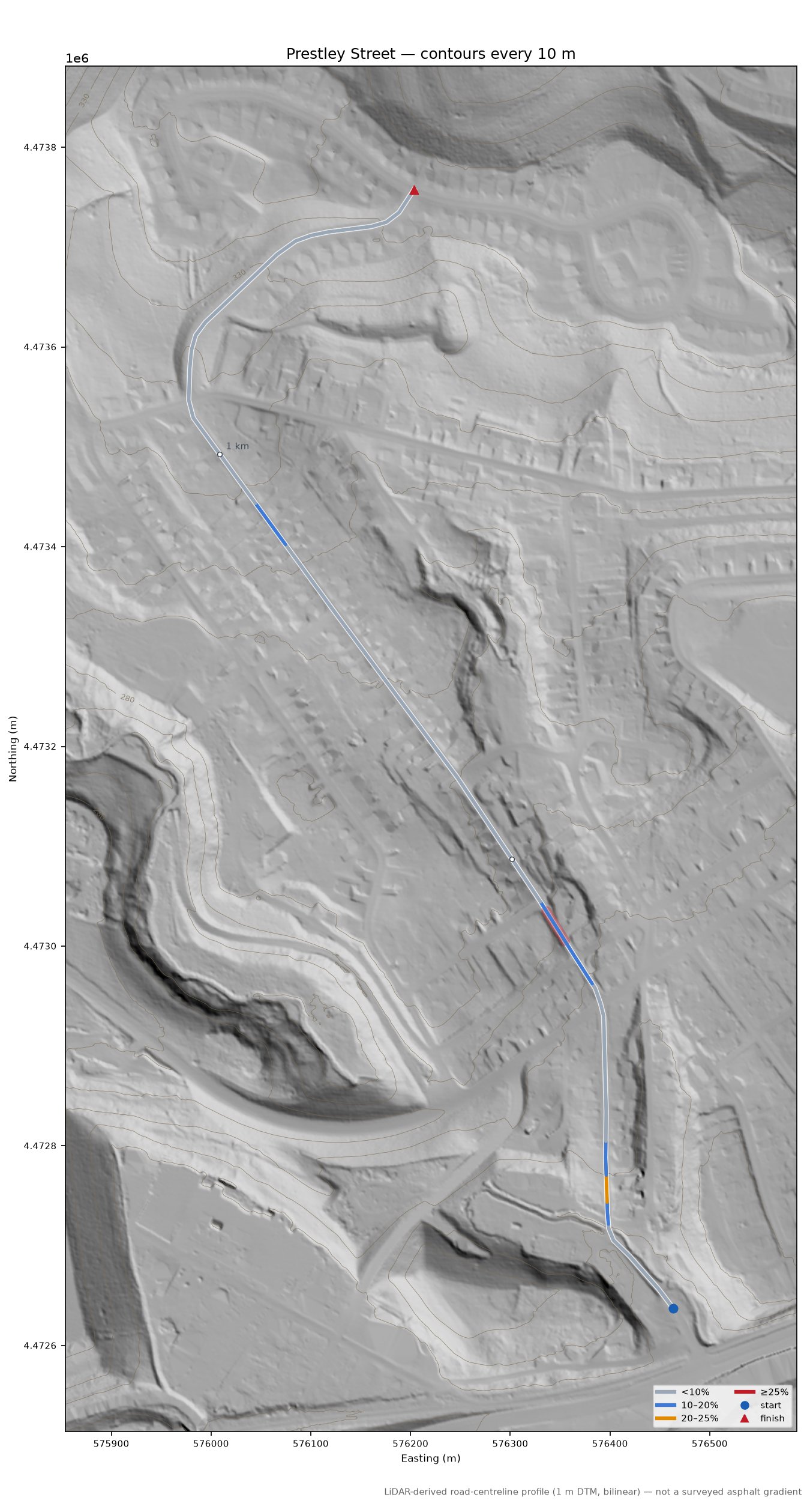 Prestley Street LiDAR hillshade map with contours