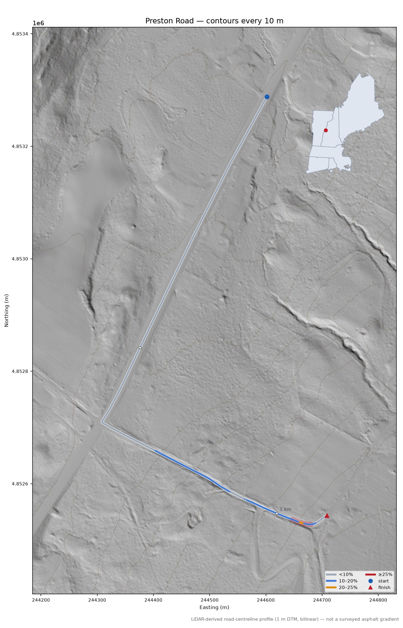 Preston Road LiDAR hillshade map with contours