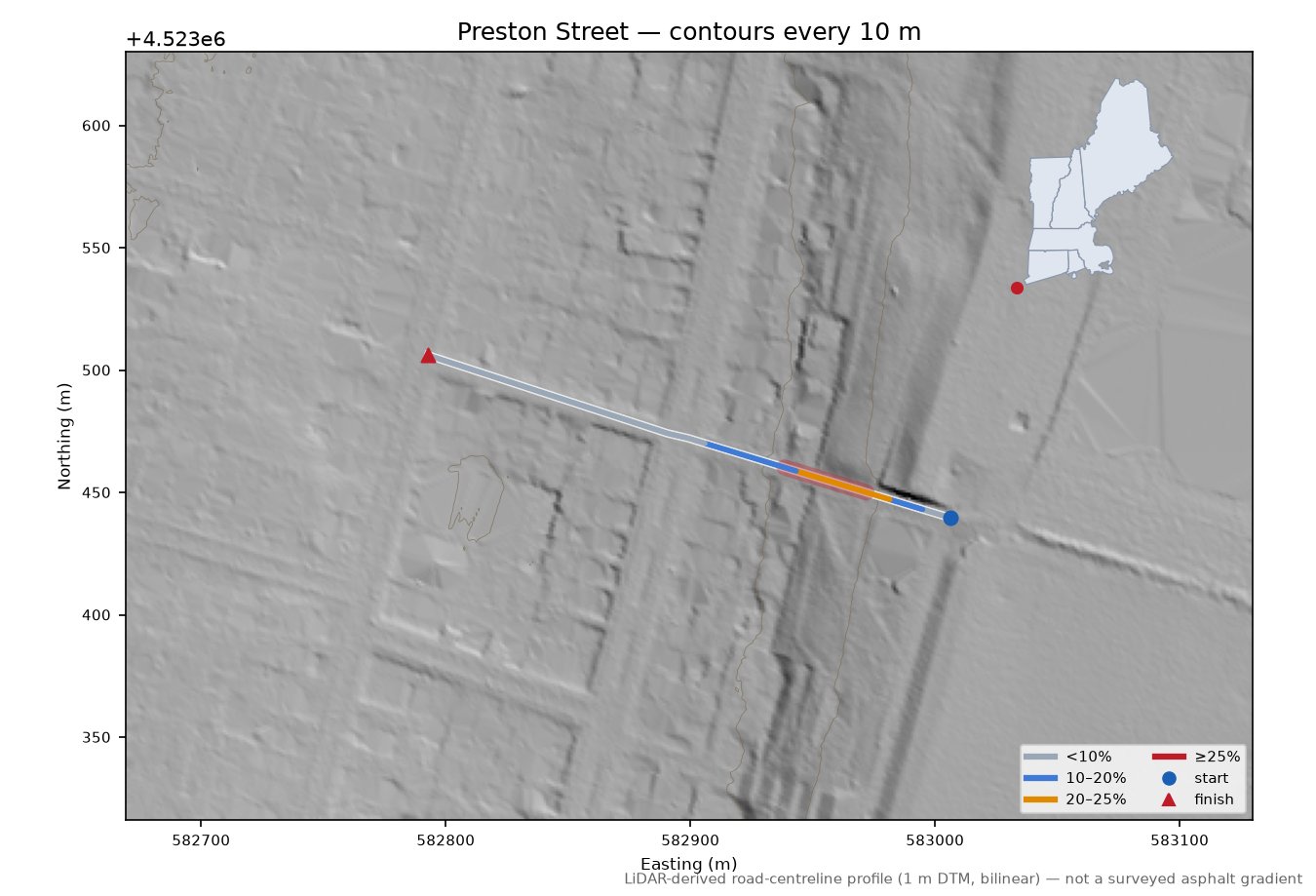 Preston Street LiDAR hillshade map with contours