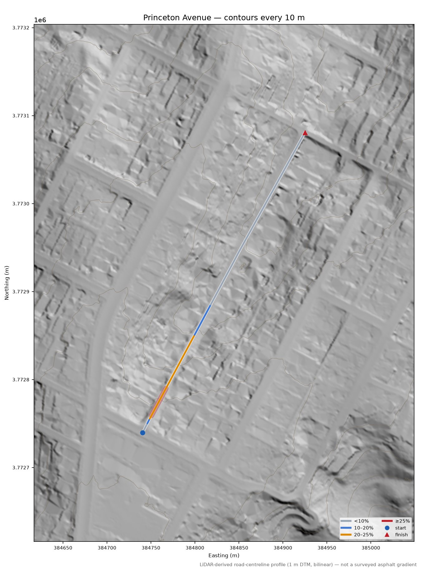 Princeton Avenue LiDAR hillshade map with contours