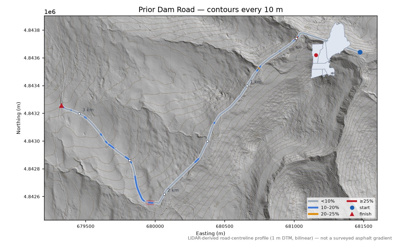 Prior Dam Road LiDAR hillshade map with contours