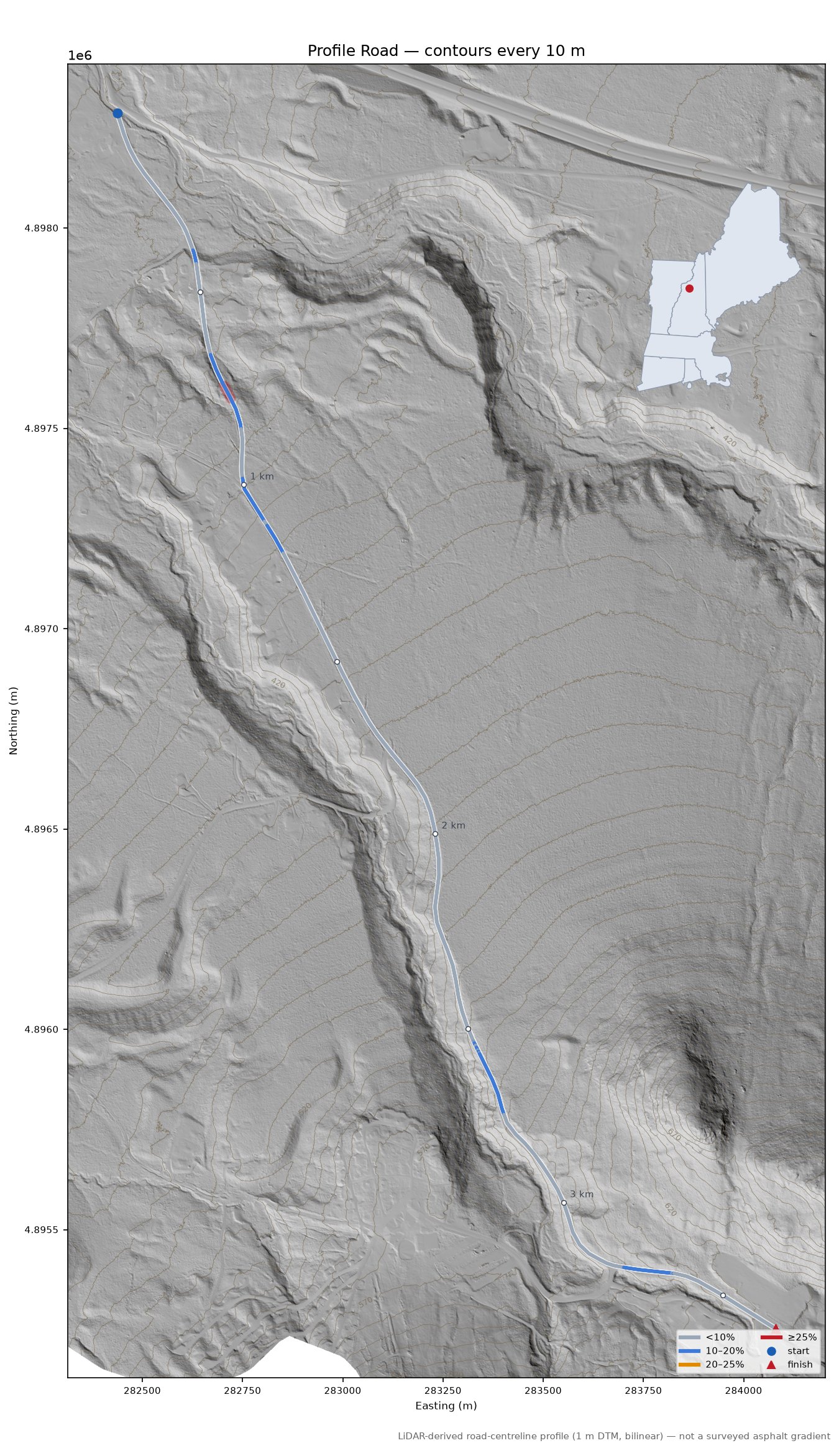 Profile Road LiDAR hillshade map with contours