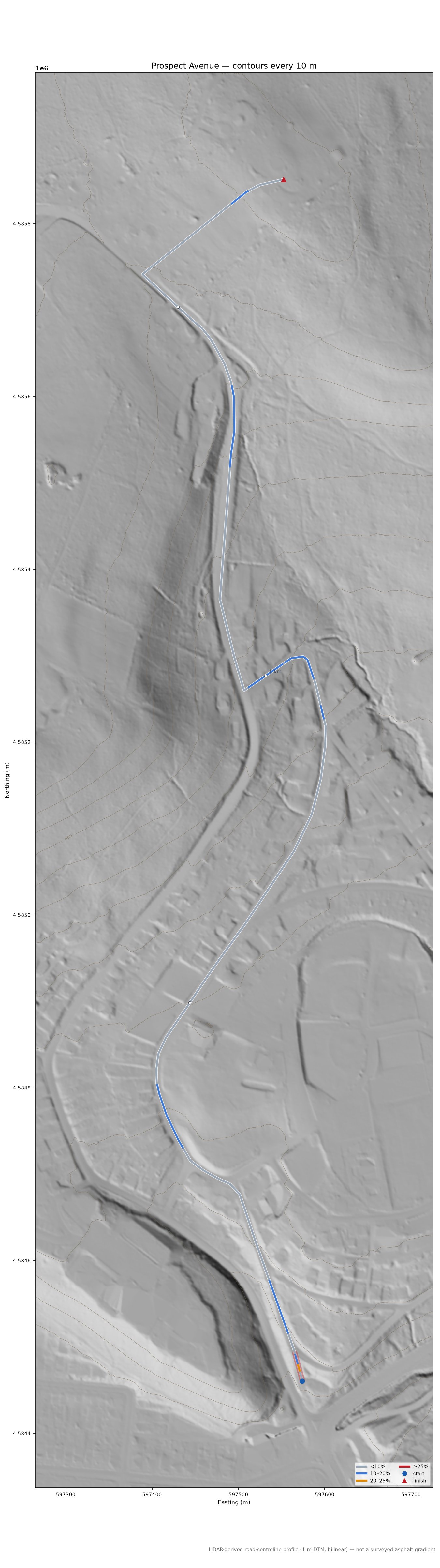 Prospect Avenue LiDAR hillshade map with contours