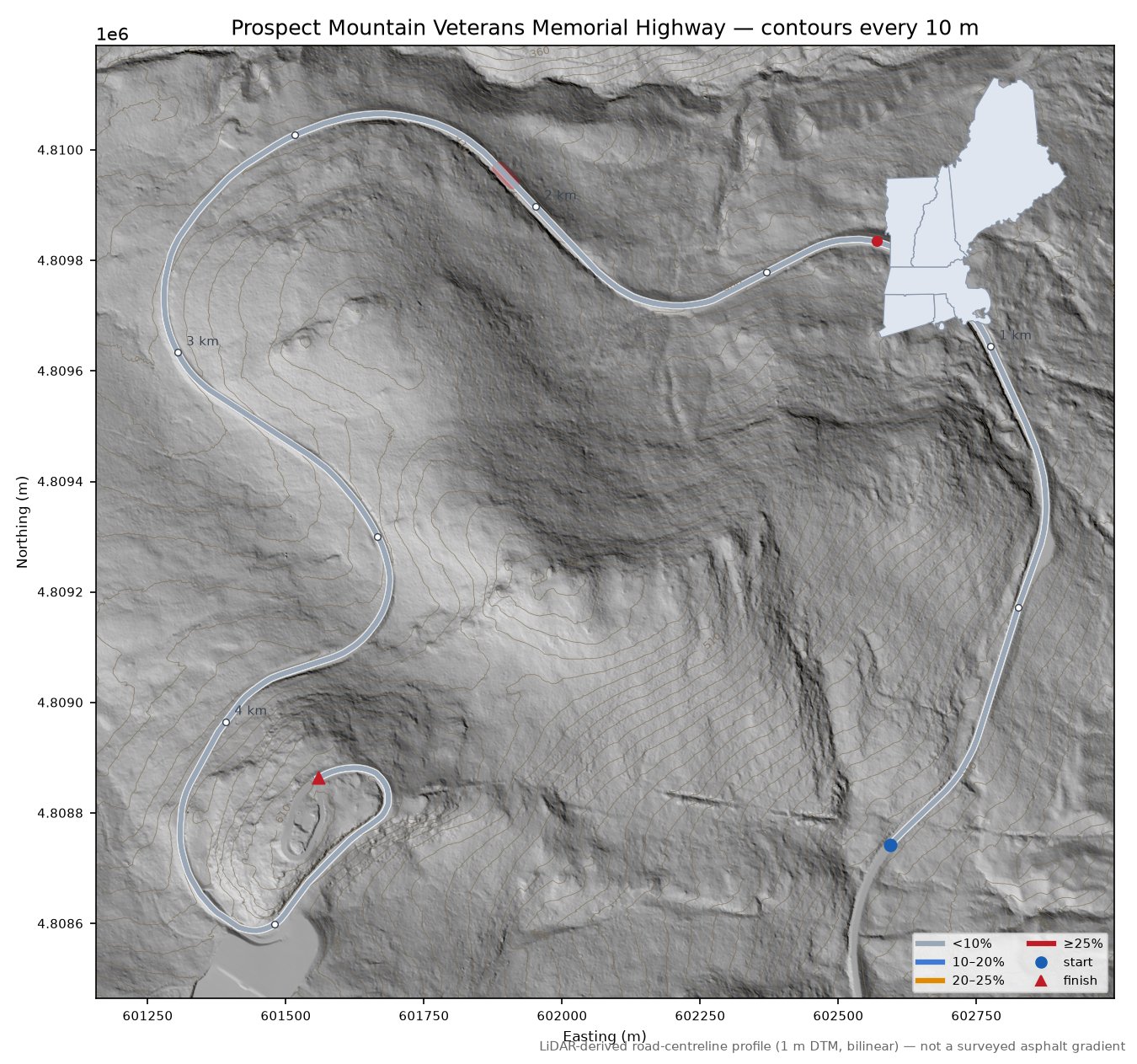 Prospect Mountain Veterans Memorial Highway LiDAR hillshade map with contours