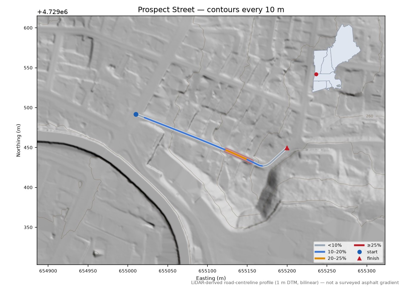 Prospect Street LiDAR hillshade map with contours