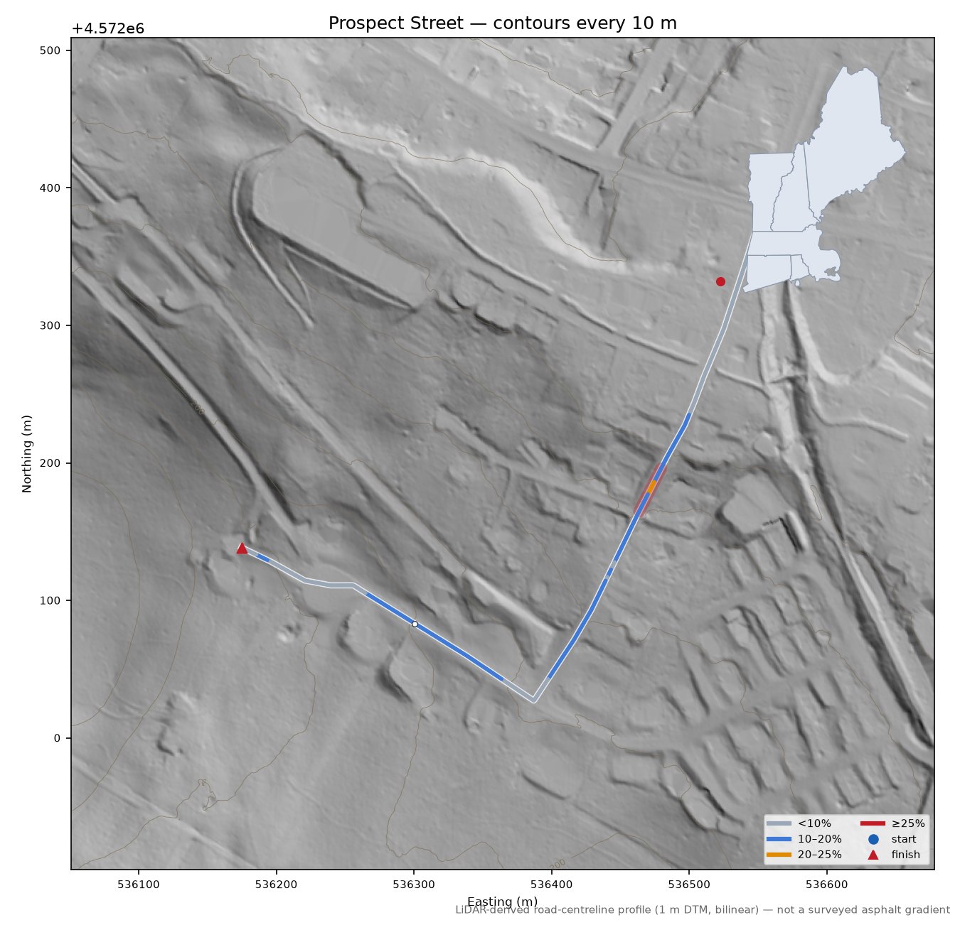 Prospect Street LiDAR hillshade map with contours