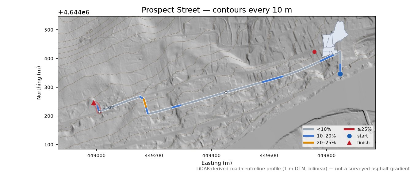 Prospect Street LiDAR hillshade map with contours