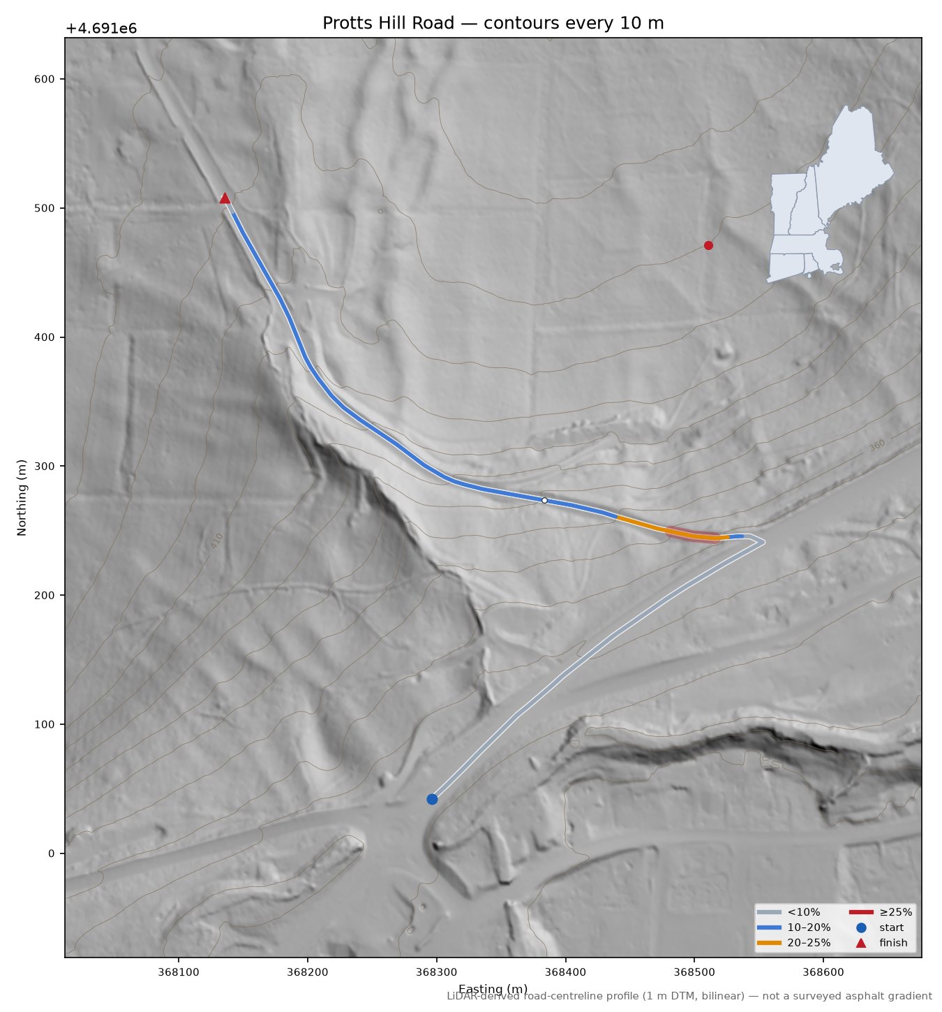 Protts Hill Road LiDAR hillshade map with contours