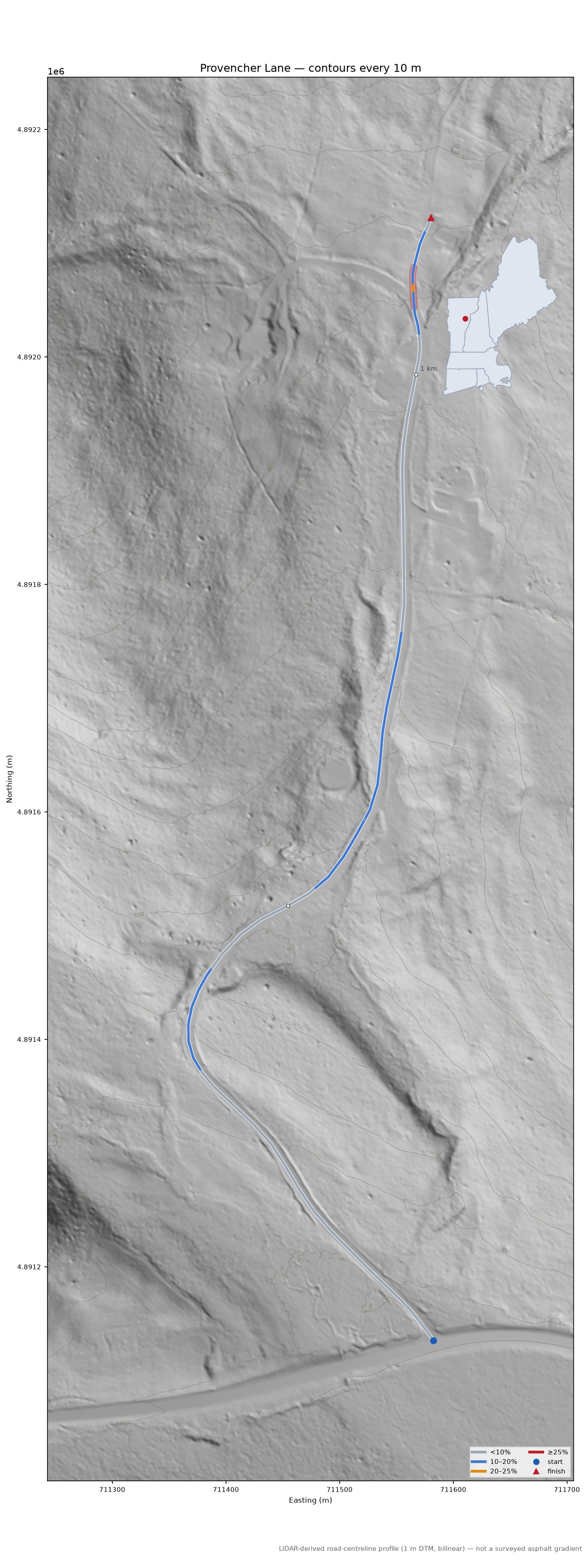 Provencher Lane LiDAR hillshade map with contours
