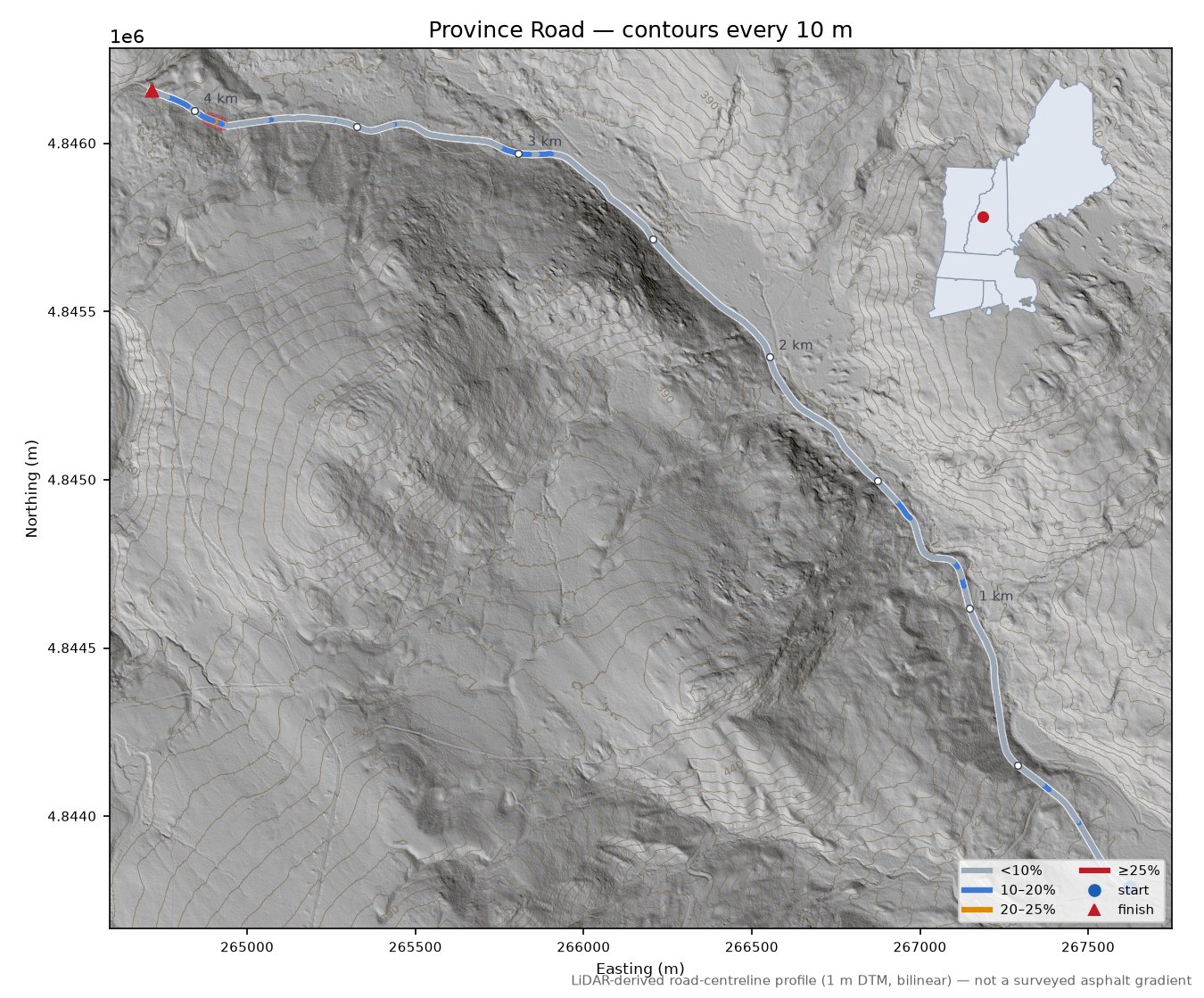 Province Road LiDAR hillshade map with contours