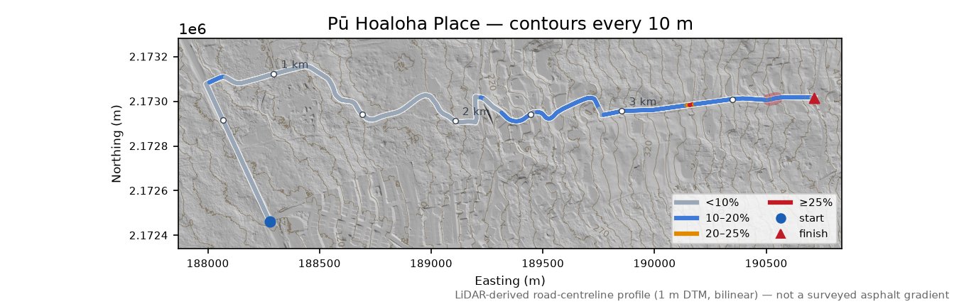 Pū Hoaloha Place LiDAR hillshade map with contours