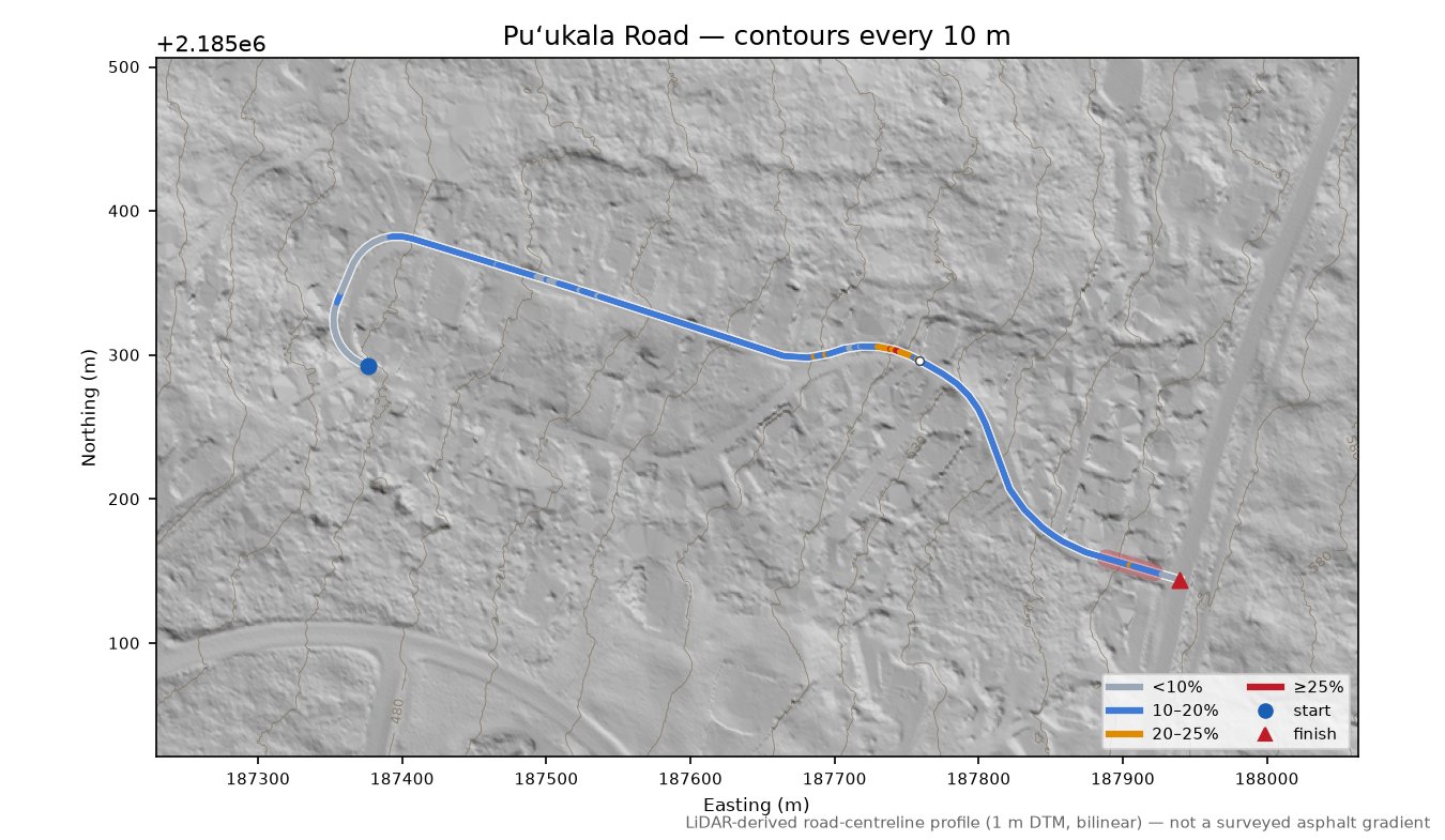 Puʻukala Road LiDAR hillshade map with contours