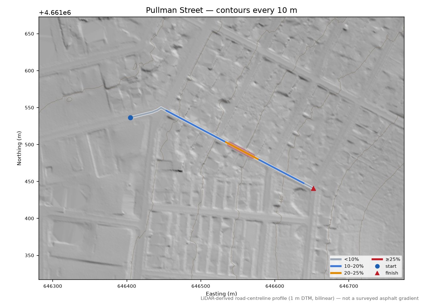 Pullman Street LiDAR hillshade map with contours