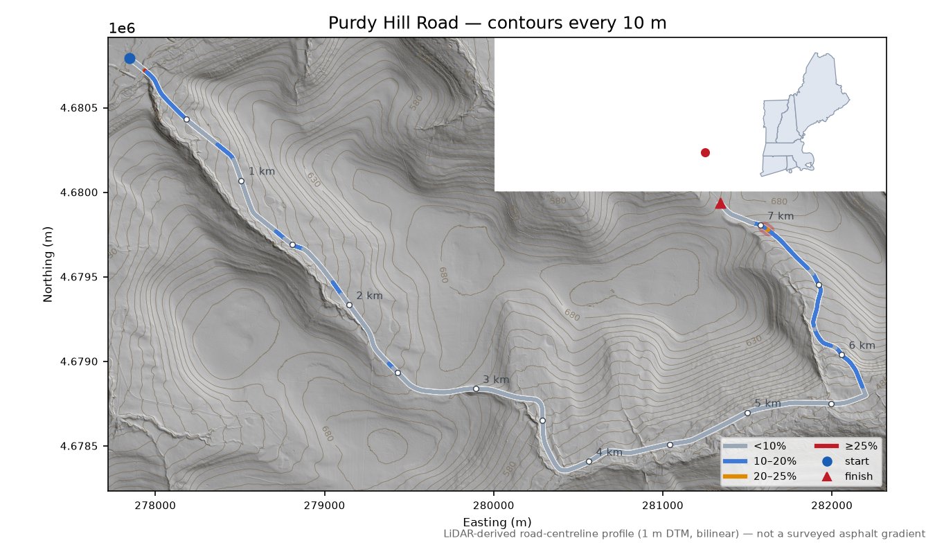 Purdy Hill Road LiDAR hillshade map with contours