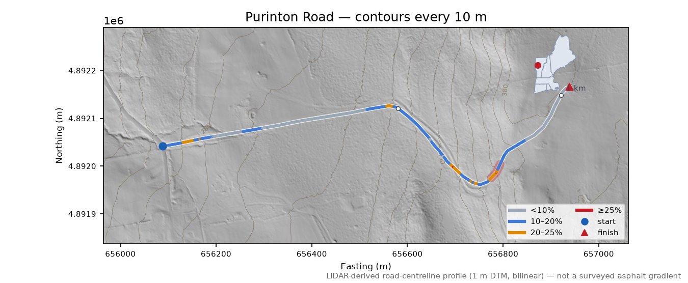 Purinton Road LiDAR hillshade map with contours